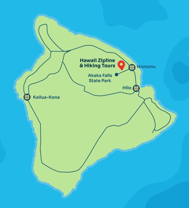Map of the scenic Hāmākua Coast drive on the Big Island of Hawaii, showing Hawaii Zipline & Hiking Tours location near Honomu